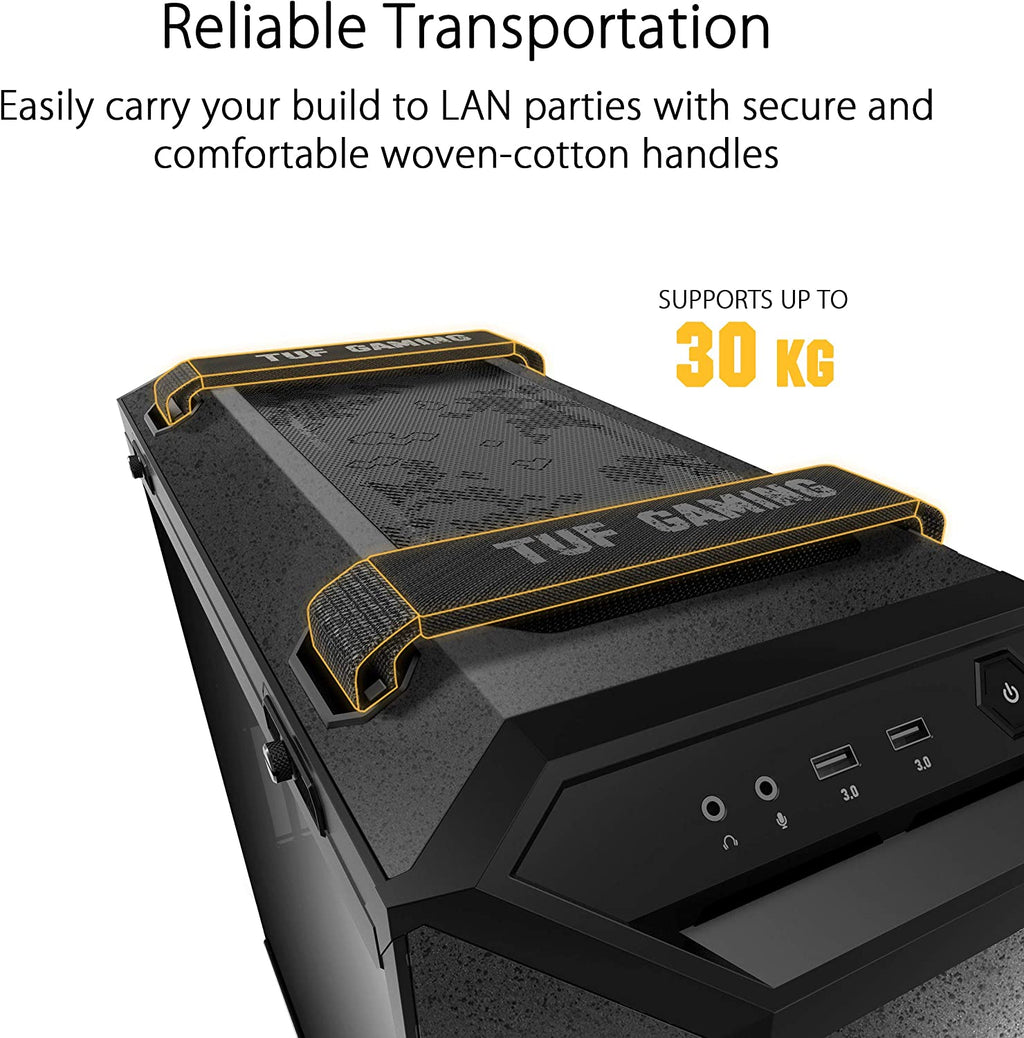 ASUS TUF Gaming GT501 mid-tower case with smoked tempered glass, four pre-installed fans, USB 3.0 front panel, steel construction