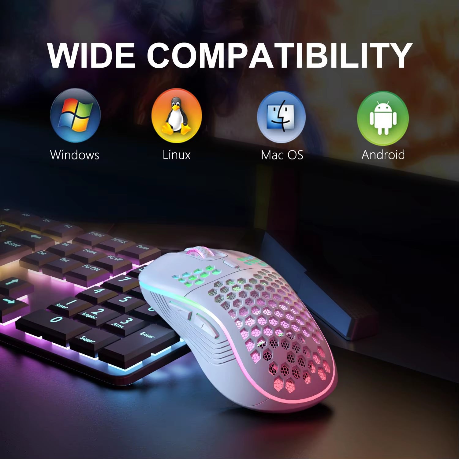 LeakEm Electronics 2.4G wireless gaming mouse with RGB backlit, ergonomic honeycomb design, 6 buttons, and Type C rechargeable port.