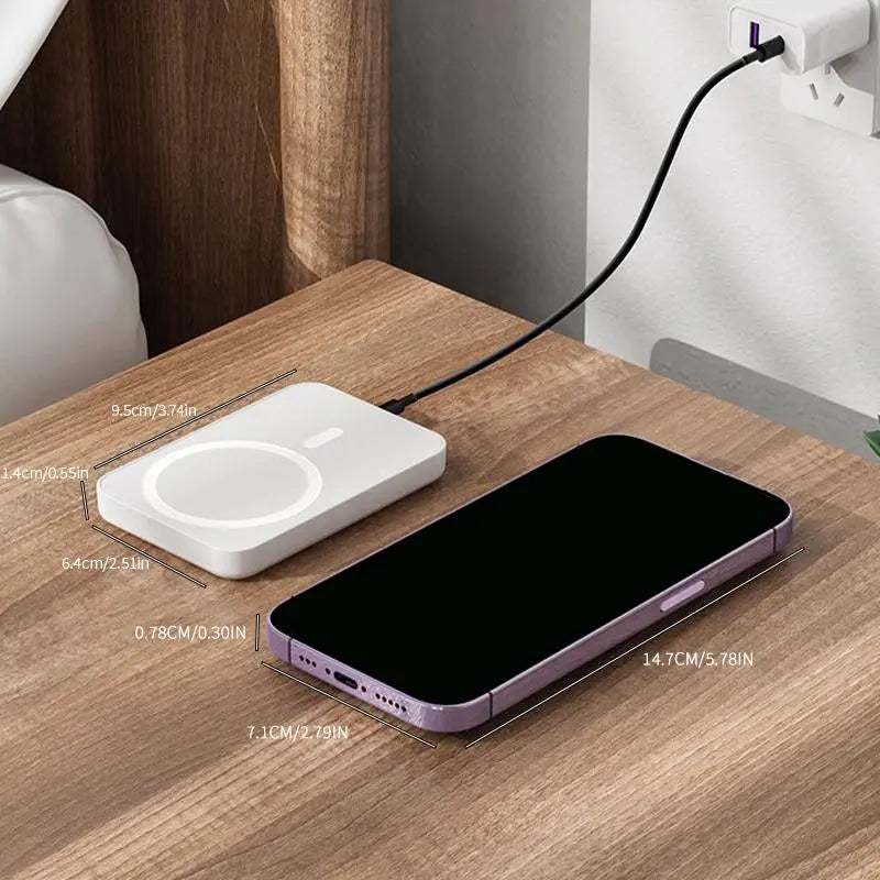 LeakEm Electronics 5000mAh magnetic wireless power bank for iPhone 12-17, portable Magsafe-compatible charger with sleek design.