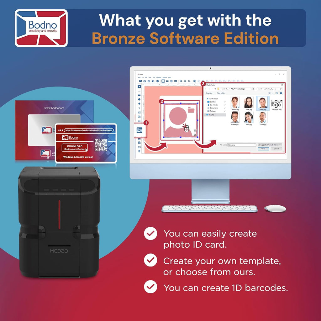 LeakEm Electronics Matica MC320 dual-sided ID card printer with supplies and bronze edition ID software, showing the printer and accessories.