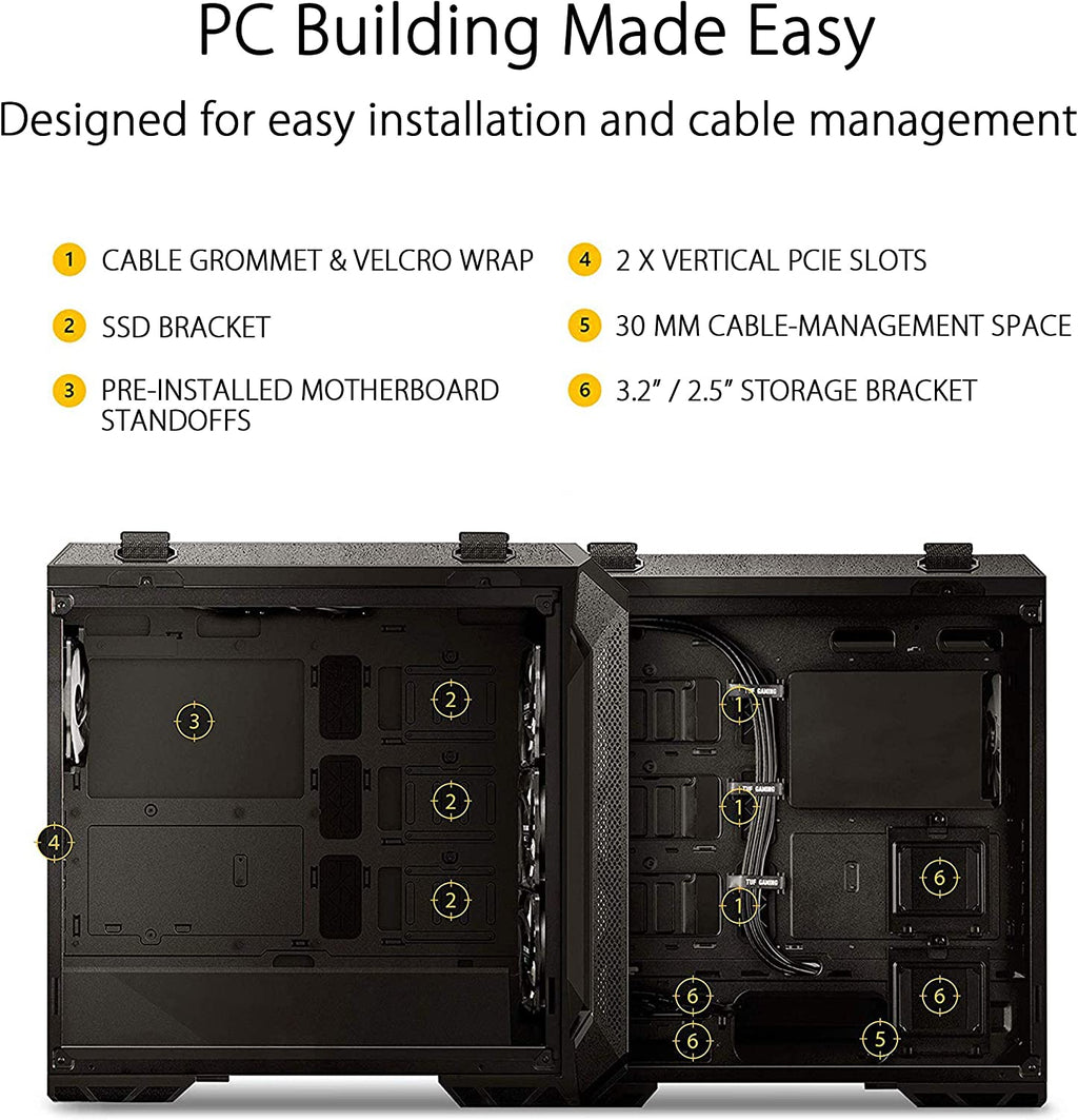 ASUS TUF Gaming GT501 mid-tower case with smoked tempered glass side panel, steel construction, four pre-installed fans, USB 3.0 port