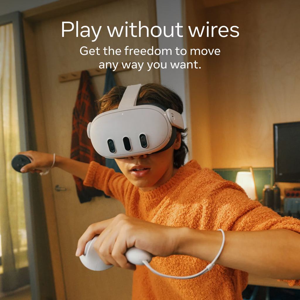 Quest 3 512GB mixed reality headset by LeakEm Electronics with controllers, showcasing immersive virtual environment.