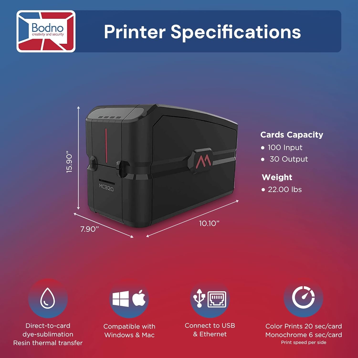 LeakEm Electronics Matica MC320 dual-sided ID card printer with supplies and bronze edition ID software, showing the printer and card output.