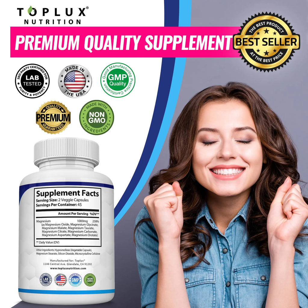 Toplux Magnesium Complex supplement bottle with label displaying magnesium information and branding, on a neutral background.