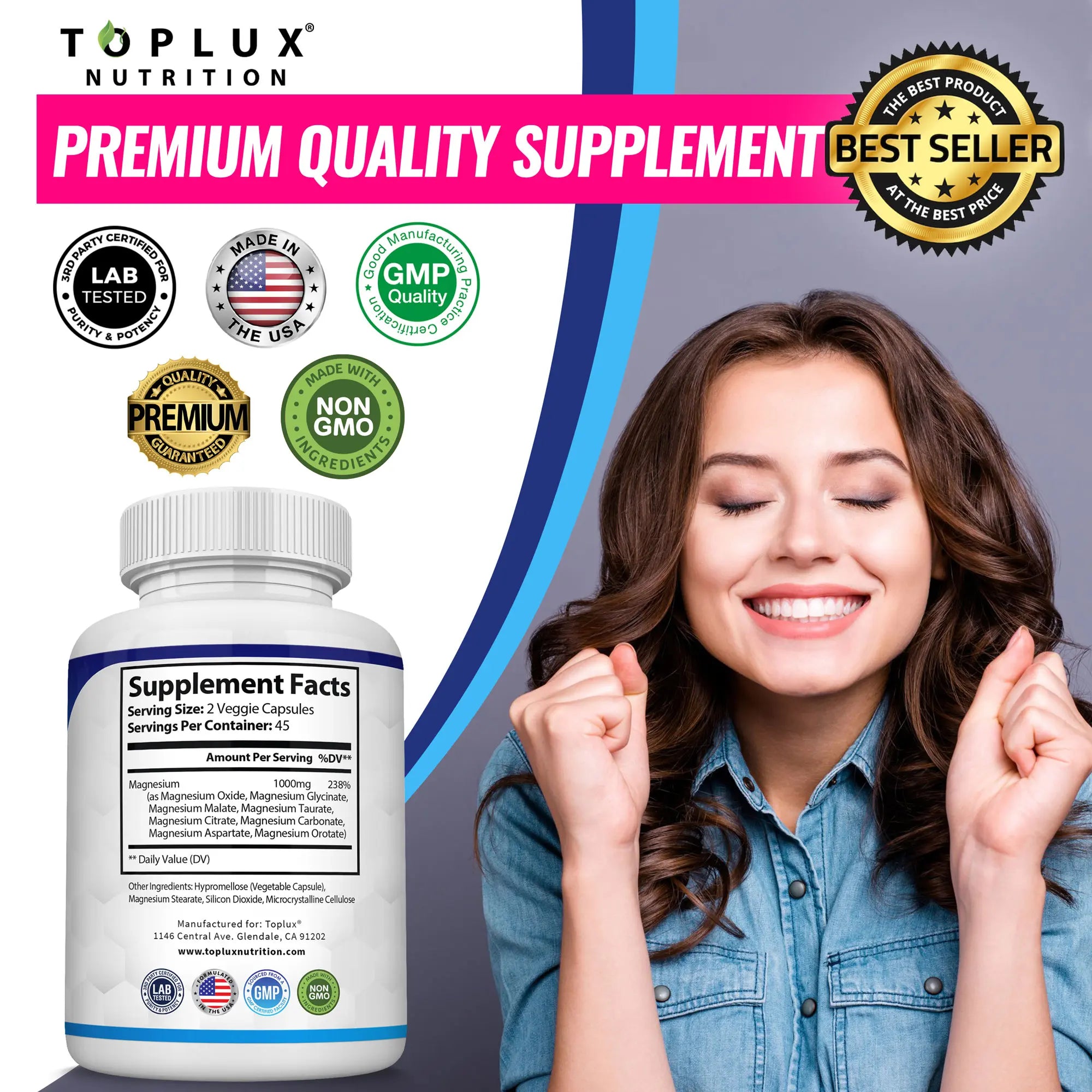Toplux Magnesium Complex supplement bottle with label displaying magnesium information and branding, on a neutral background.
