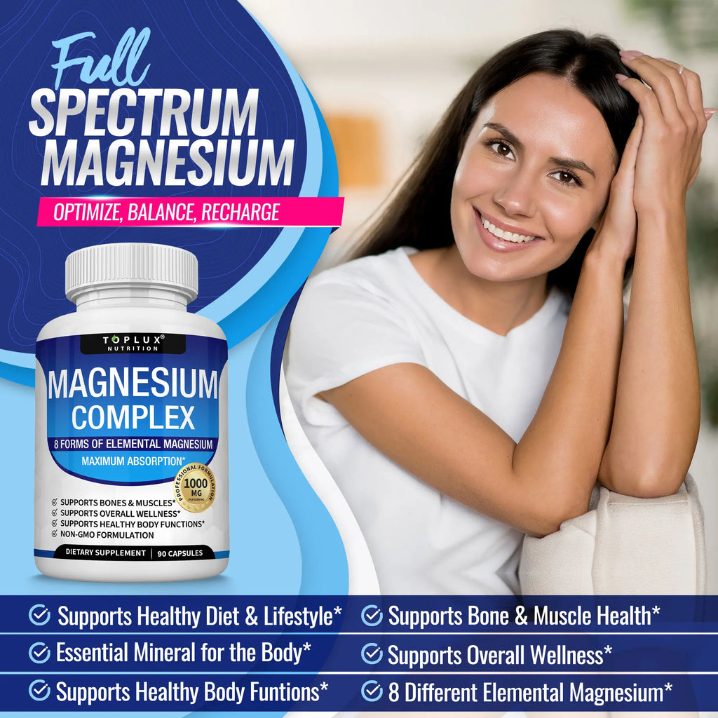 Toplux Magnesium Complex supplement bottle with label indicating 8 essential magnesium sources, by LeakEm Electronics.