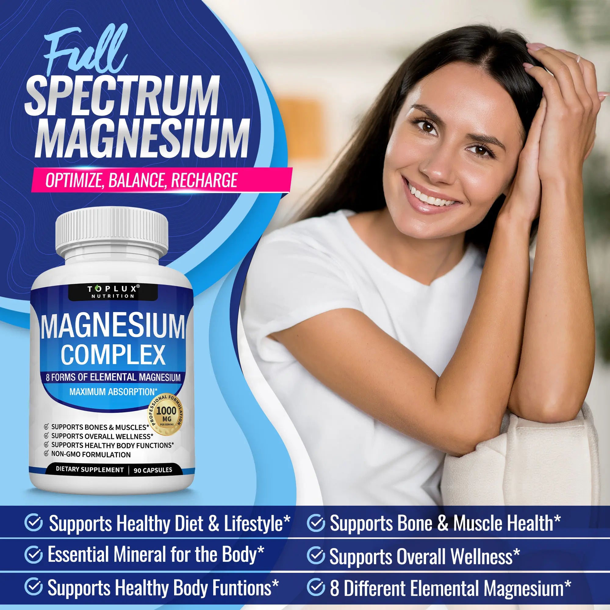Toplux Magnesium Complex supplement bottle with label indicating 8 essential magnesium sources, by LeakEm Electronics.