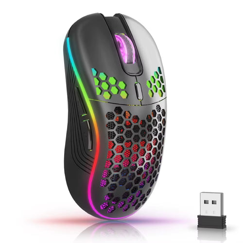 LeakEm Electronics 2.4G wireless gaming mouse with RGB backlit, 6 buttons, ergonomic honeycomb design, Type C rechargeable, 3-speed DPI