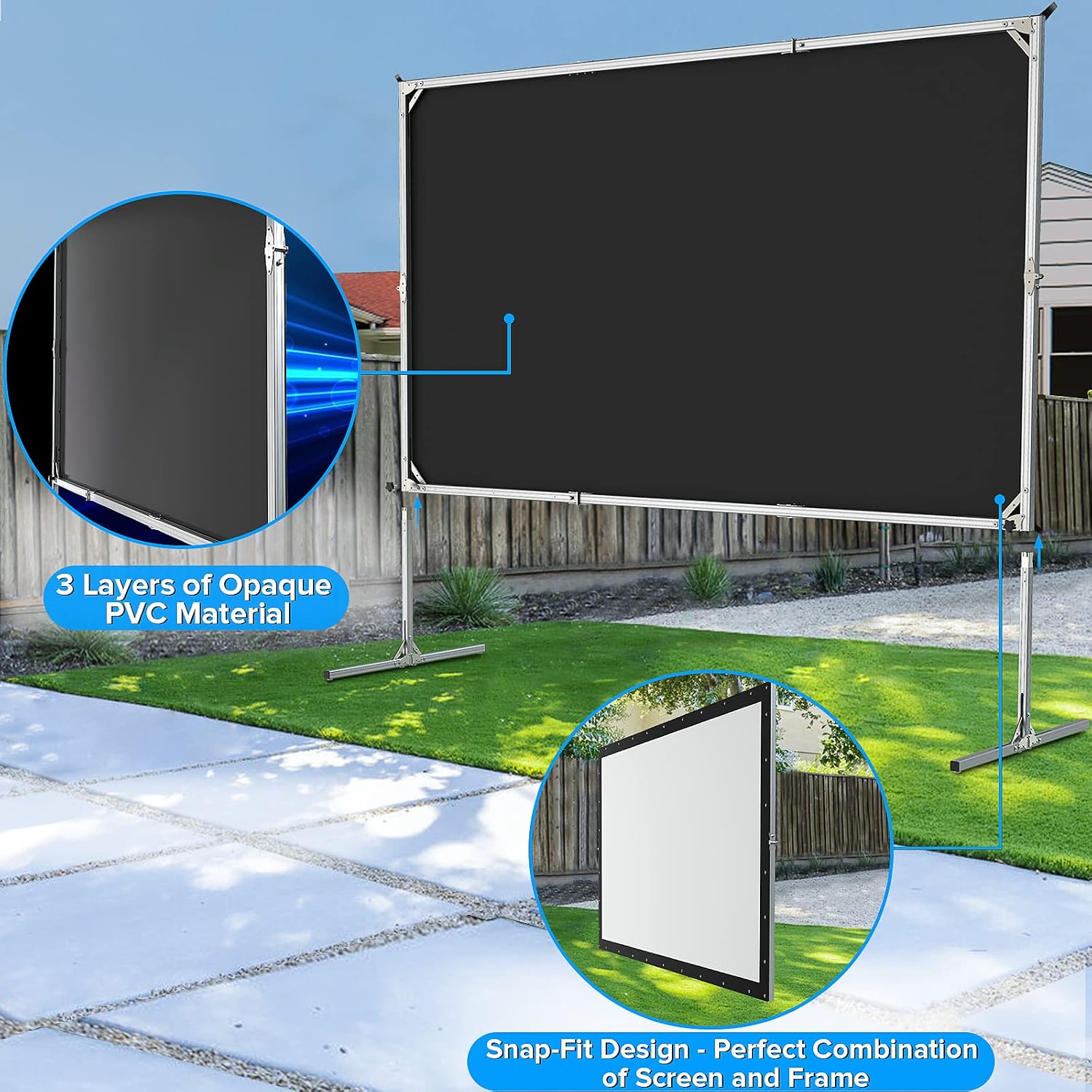 LeakEm Electronics 100-inch indoor projector screen with aluminum frame, PVC layers, carry bag, quick setup for 4K HD home theater.