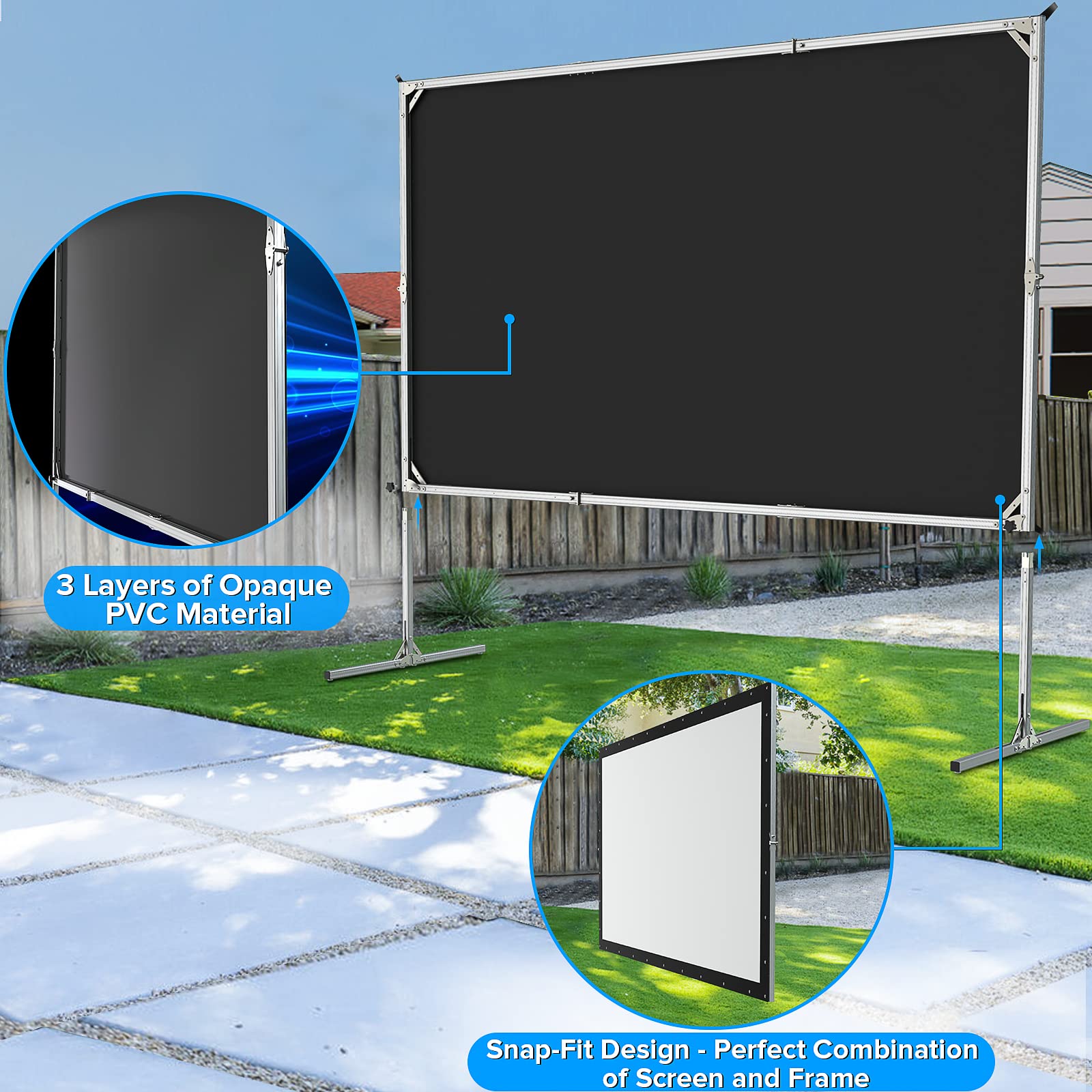 LeakEm Electronics 100-inch indoor projector screen with stable aluminum frame, 3-layer PVC surface, and carry bag for easy setup.