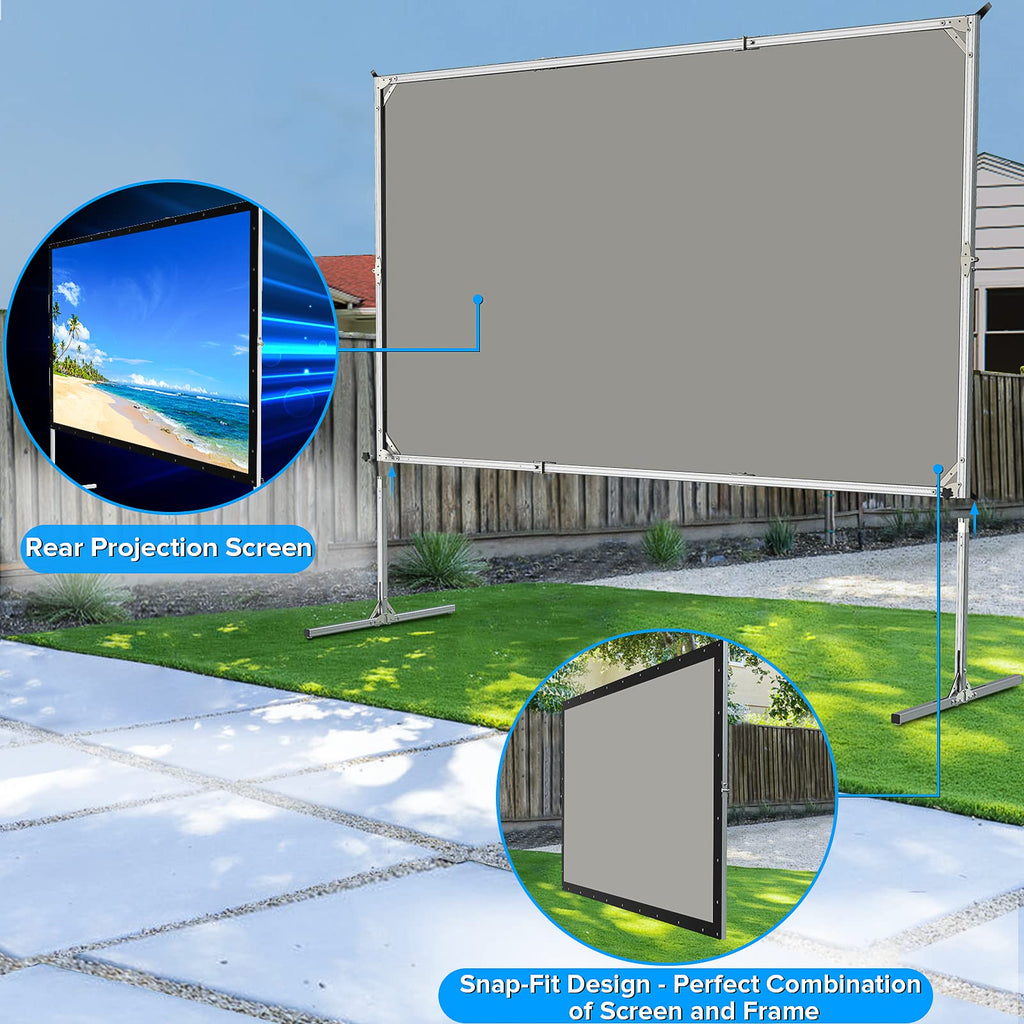 LeakEm Electronics 100-inch indoor projector screen with aluminum frame, PVC layers, carry bag, ideal for 4K HD backyard theater setup.