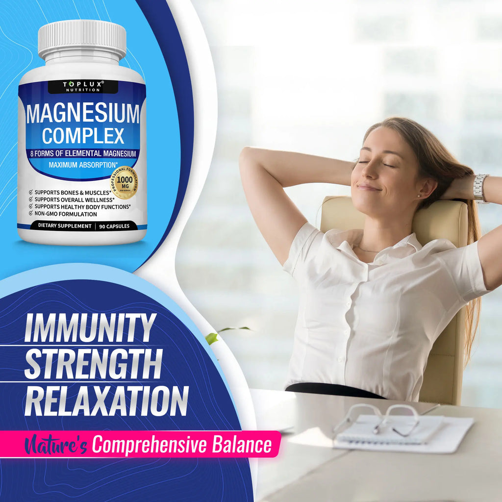 Toplux Magnesium Complex supplement bottle by LeakEm Electronics with capsules and label showing magnesium details.