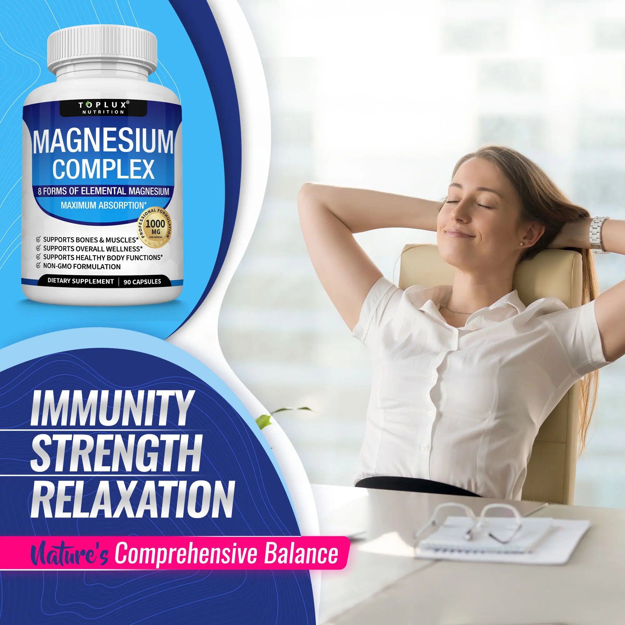Toplux Magnesium Complex supplement bottle by LeakEm Electronics with capsules and label showing magnesium details.