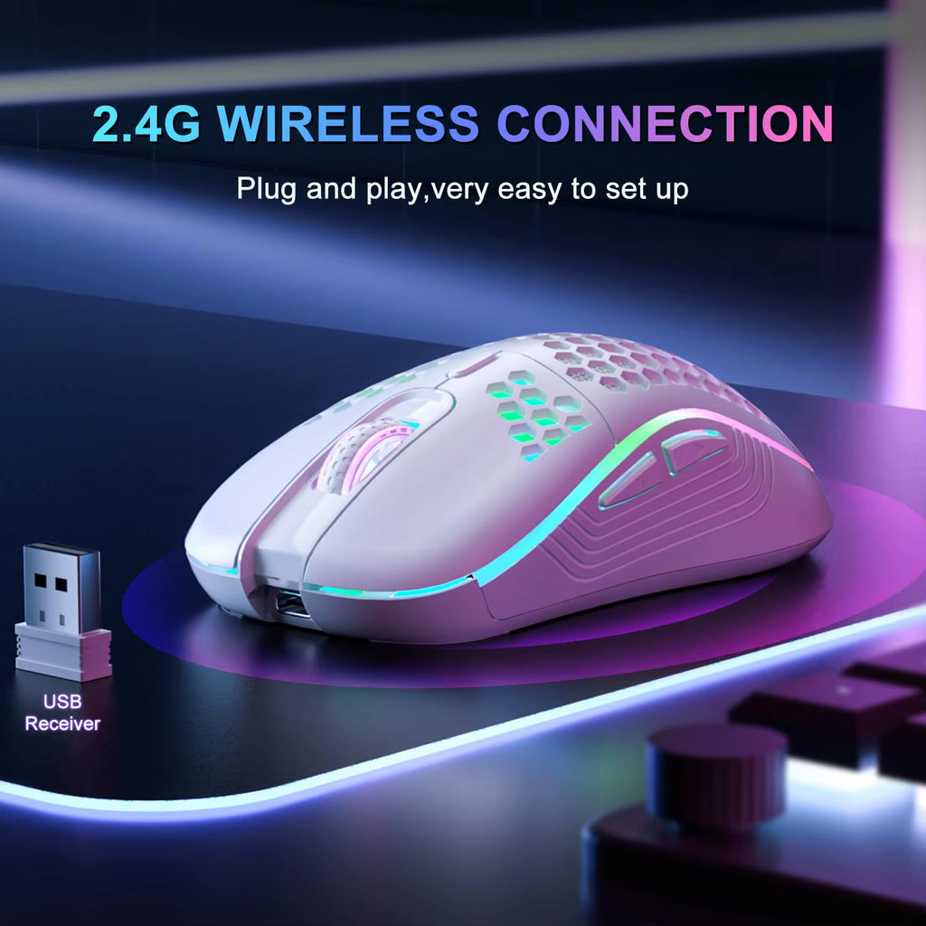 LeakEm Electronics 2.4G wireless gaming mouse with RGB backlit, 6 buttons, ergonomic honeycomb design, Type C rechargeable port
