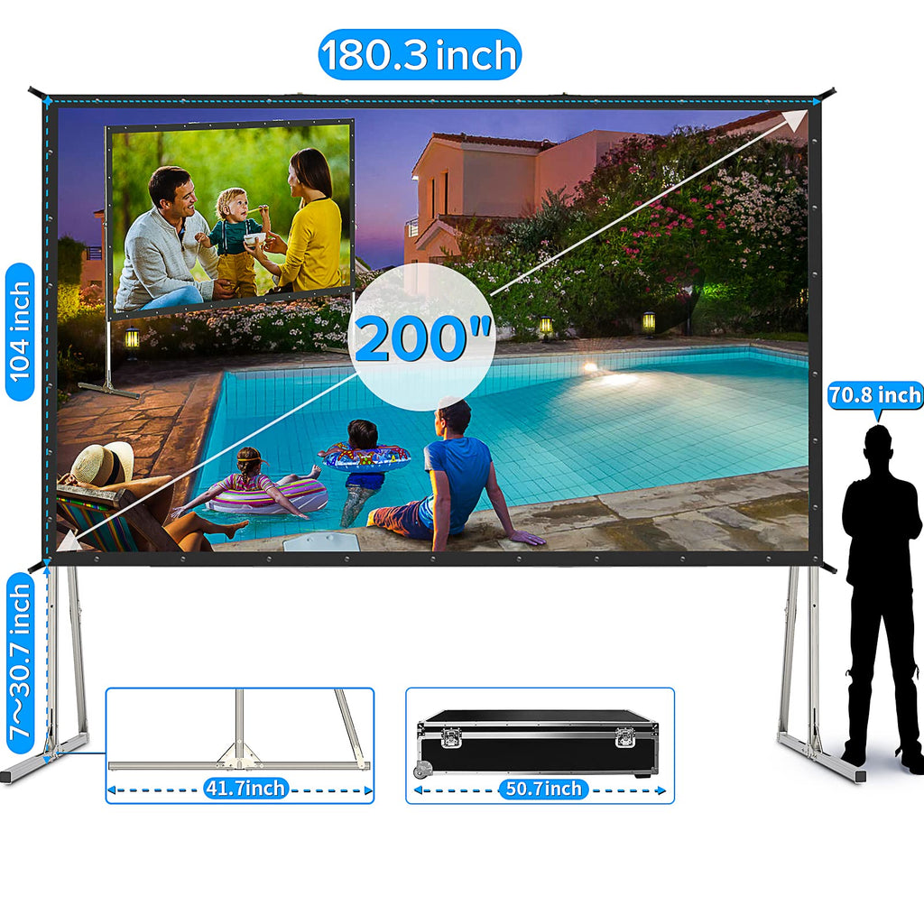 LeakEm Electronics 100-inch indoor projector screen with stable aluminum frame, PVC layers, carry bag, and quick setup for 4K HD movies.