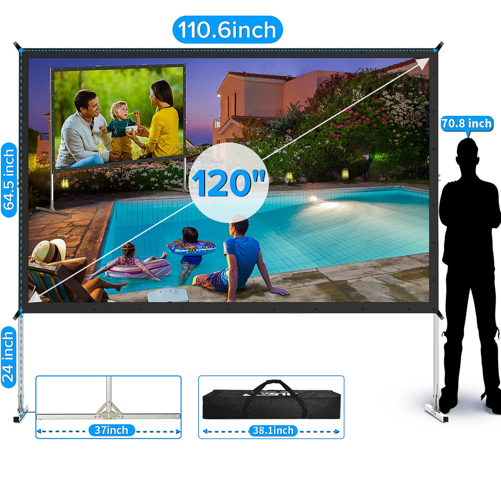 LeakEm Electronics 100-inch indoor projector screen with aluminum frame, PVC layers, carry bag, and quick setup for 4K HD movies.