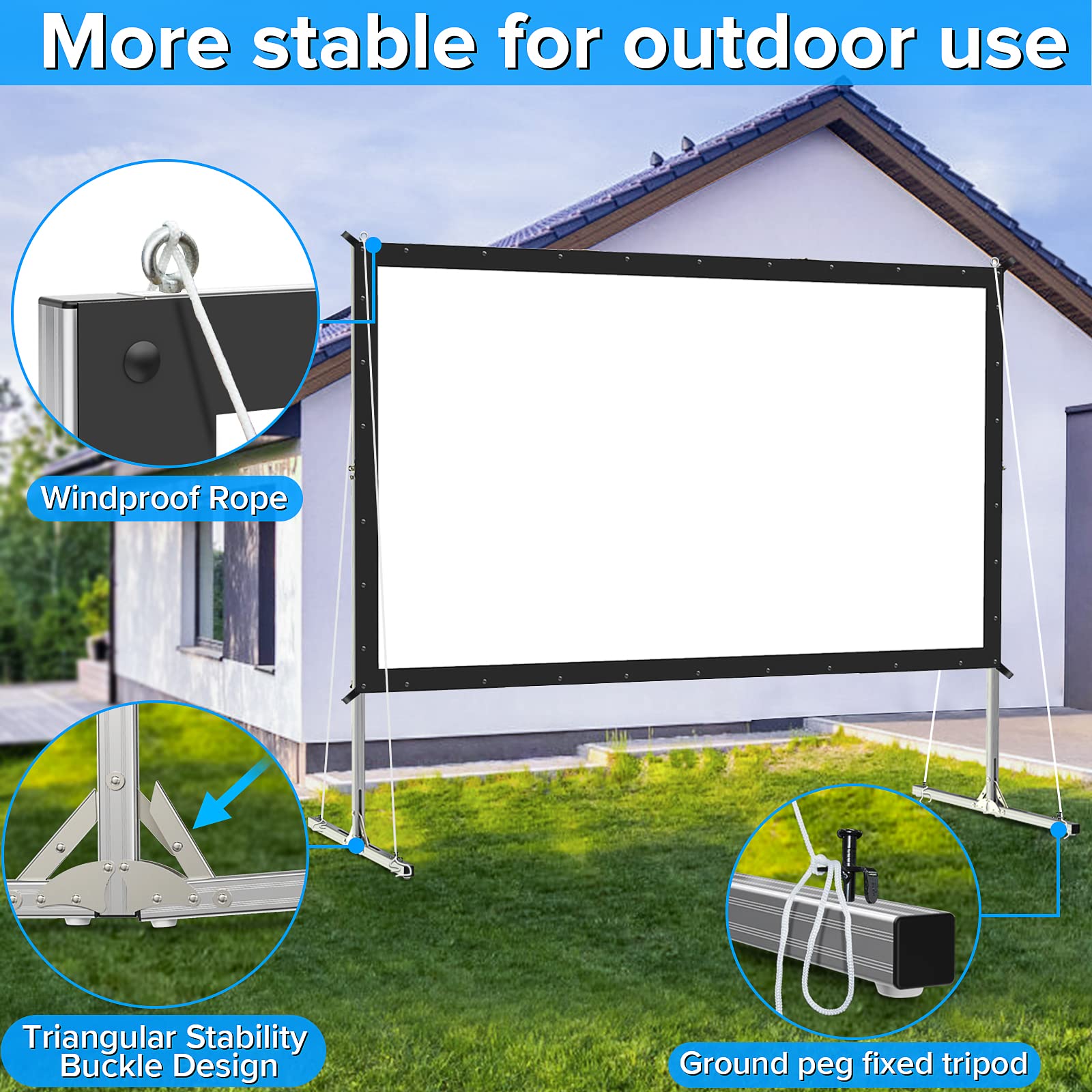LeakEm Electronics 100-inch indoor projector screen with aluminum frame, PVC layers, carry bag, and quick setup for 4K HD projection.