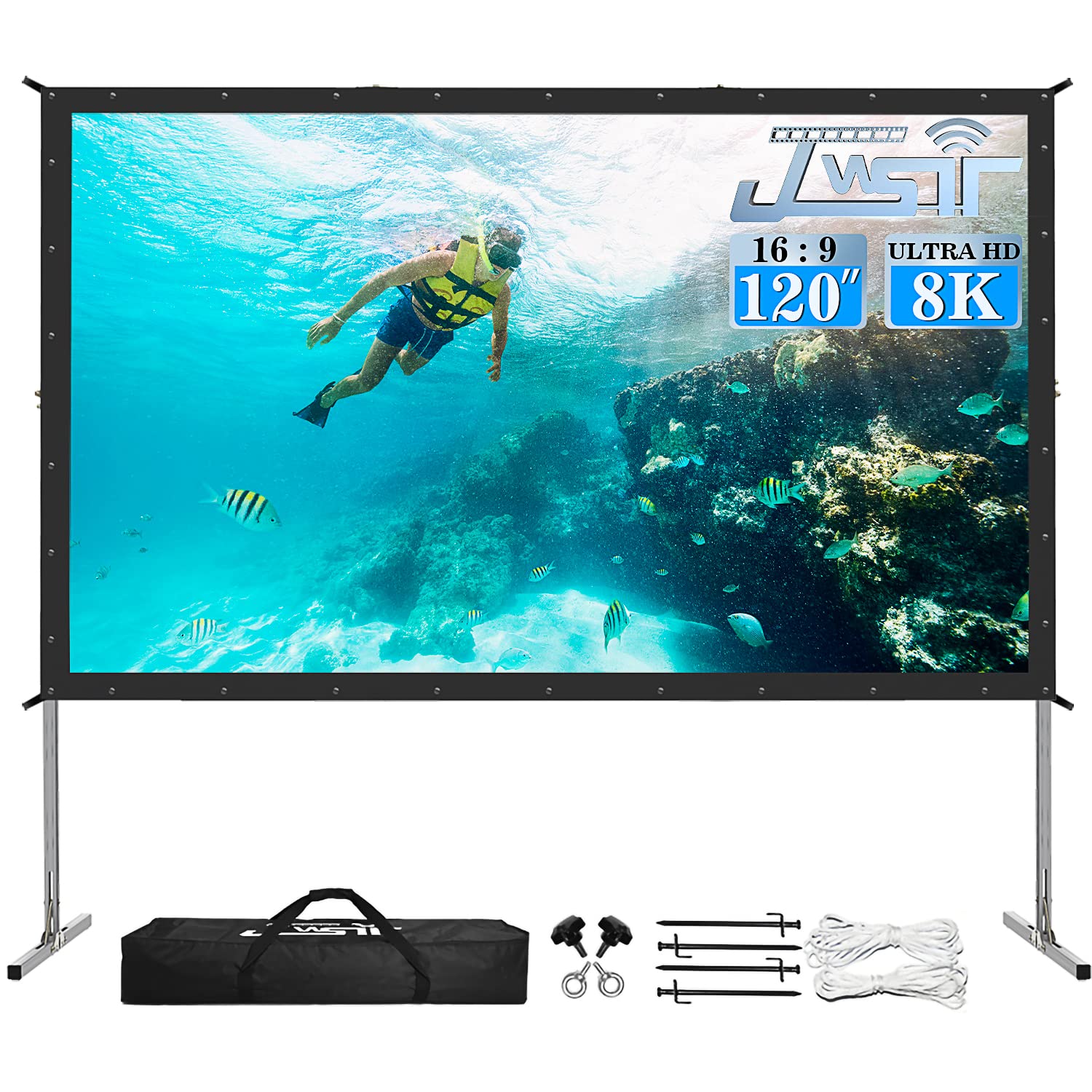 LeakEm Electronics 100-inch indoor projector screen with aluminum frame, PVC layers, carry bag, and quick setup for 4K HD movies.