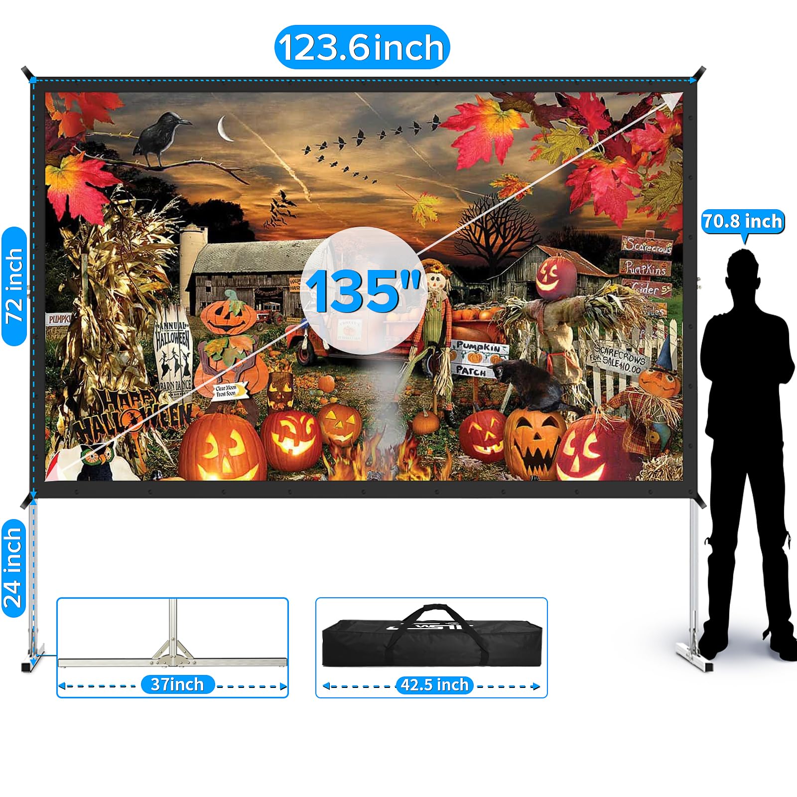 LeakEm Electronics 100-inch indoor projector screen with aluminum frame, 3-layer PVC surface, portable carry bag, ideal for 4K HD movies.
