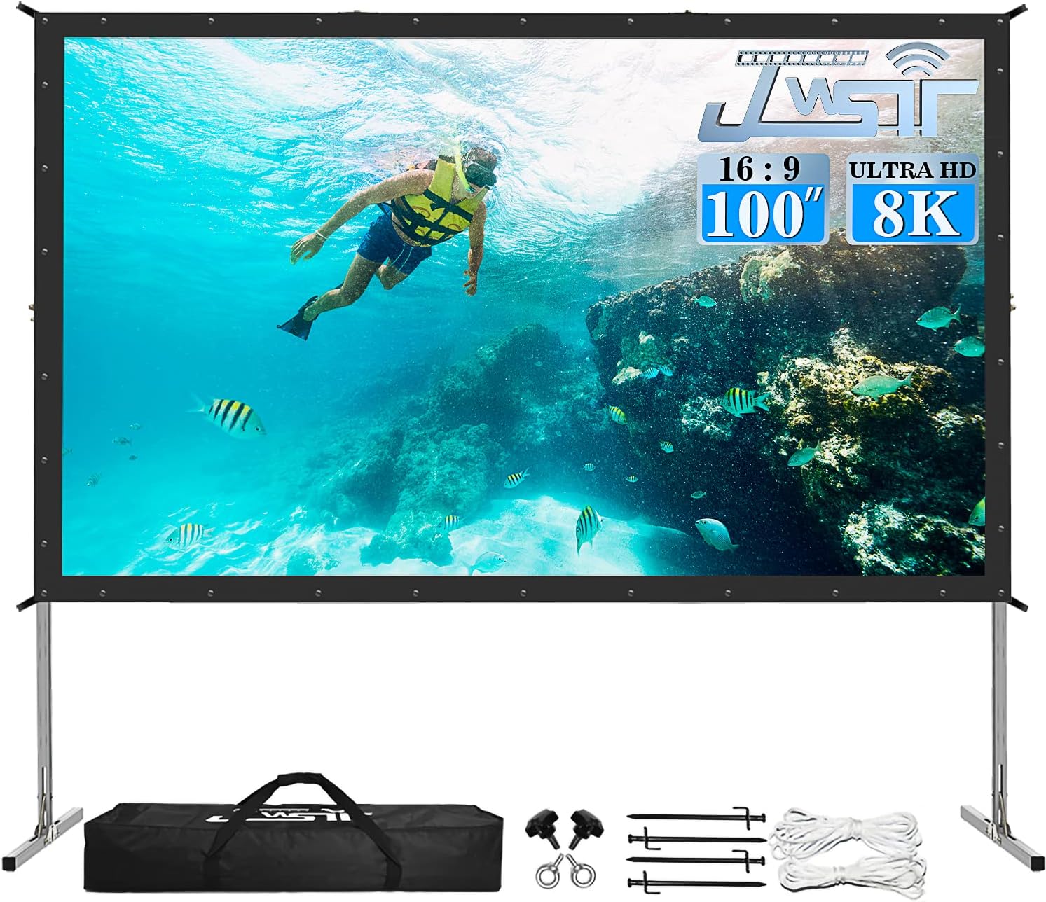 LeakEm Electronics 100-inch indoor projector screen with aluminum frame, PVC layers, carry bag, and quick setup for 4K HD movies.