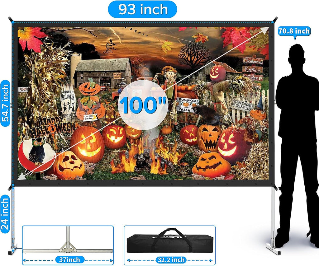 LeakEm Electronics 100-inch indoor projector screen with aluminum frame, PVC layers, carry bag, quick setup for 4K HD home theater