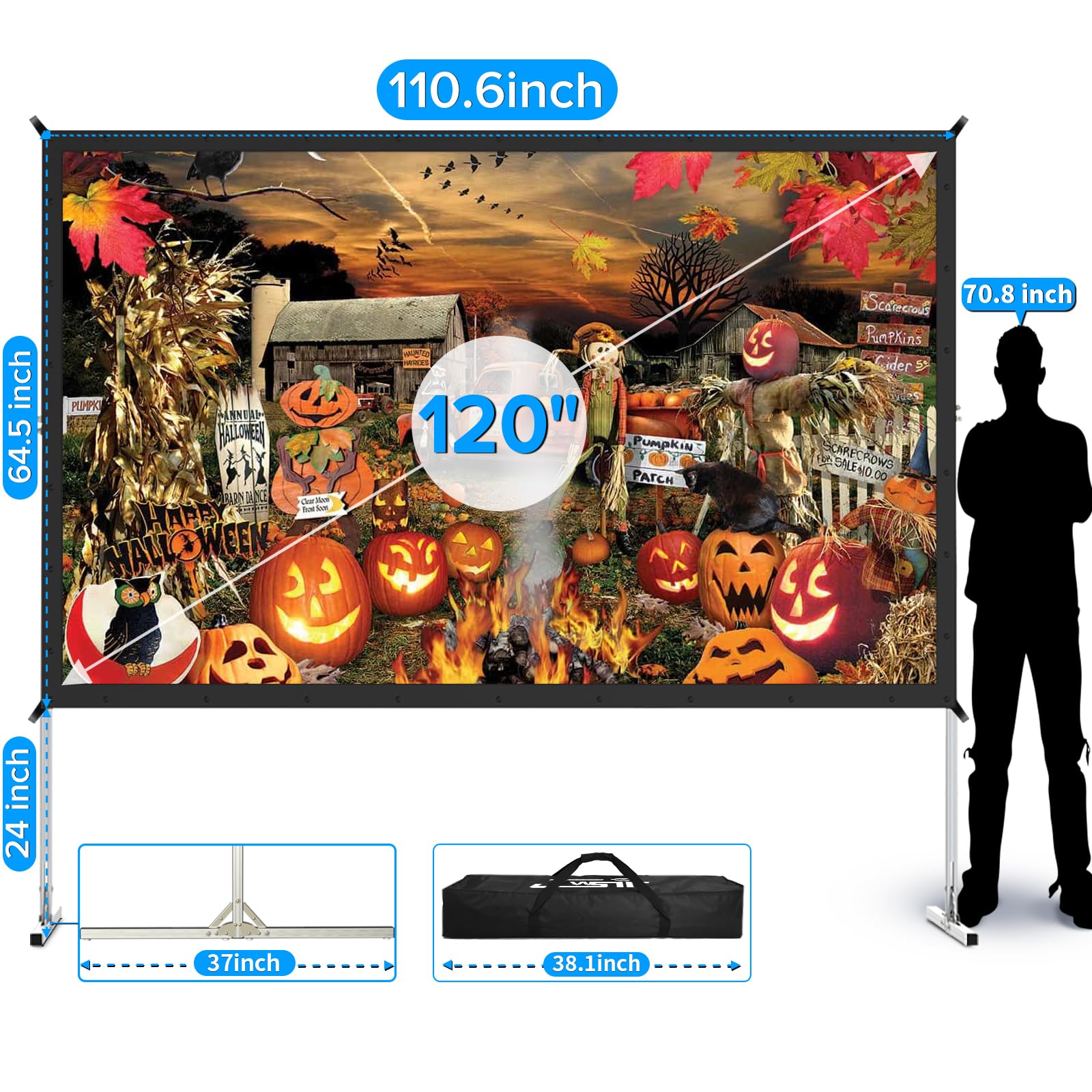 LeakEm Electronics 100 inch indoor projector screen with aluminum frame, 3-layer PVC, carry bag, and quick setup for 4K HD viewing.