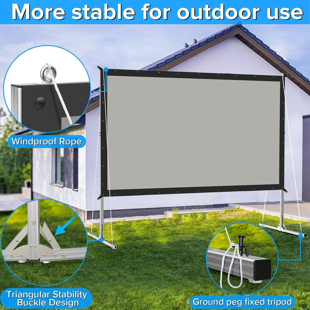 LeakEm Electronics 100-inch indoor projector screen with aluminum frame, PVC layers, and carry bag for easy 4K HD backyard theater setup.