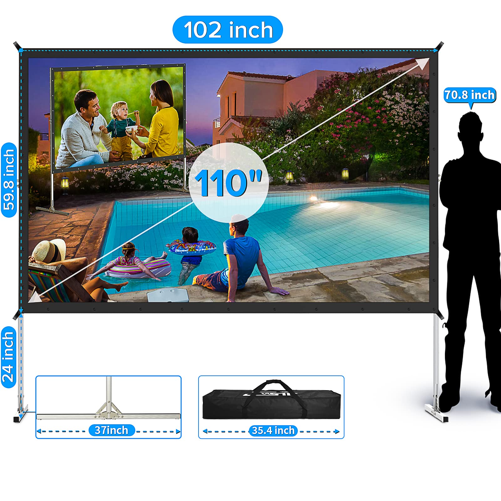 LeakEm Electronics 100-inch indoor projector screen with aluminum frame, PVC layers, carry bag, and quick setup for 4K HD movies.