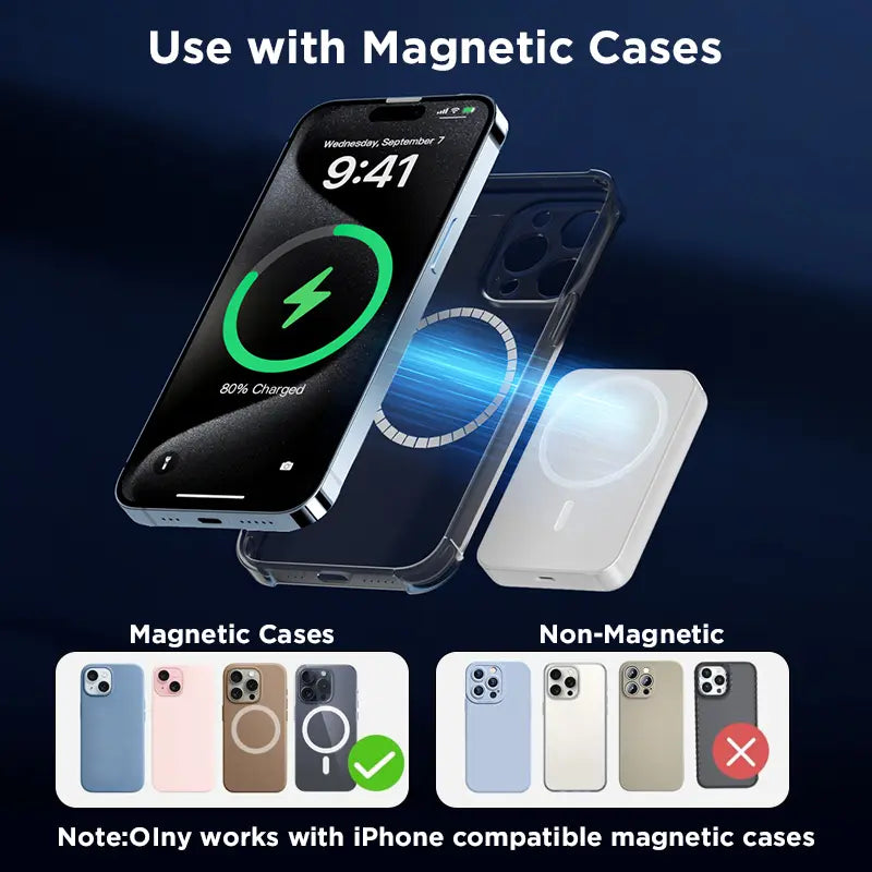 LeakEm Electronics 5000mAh magnetic wireless power bank for iPhone 12-17, portable charger with MagSafe compatibility, back to school.