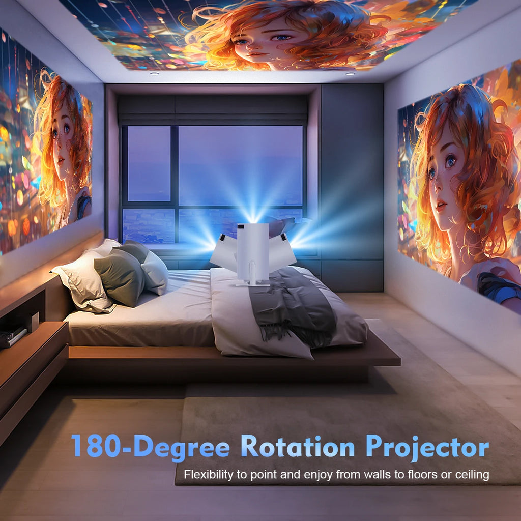 Magcubic HY300 Pro 4K Android 11 projector displaying a bright outdoor home cinema setup with dual Wi-Fi and Bluetooth features.