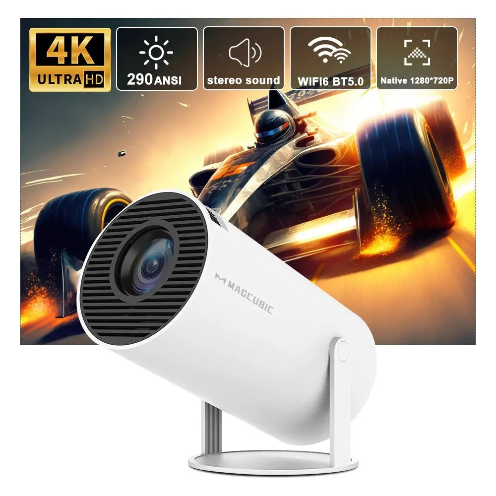 Magcubic HY300 Pro 4K Android projector displaying a vibrant home cinema scene with dual WiFi and Bluetooth connectivity.