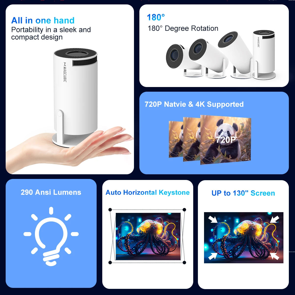 Magcubic HY300 Pro 4K Android projector displaying a home cinema scene with vivid colors and sharp visuals.