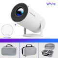 Magcubic HY300 Pro 4K Android projector showing a home cinema setup with vibrant images and projector lens.