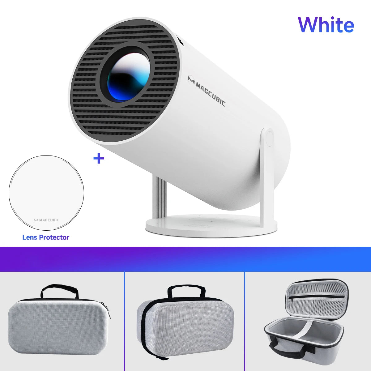 Magcubic HY300 Pro 4K Android projector showing a home cinema setup with vibrant images and projector lens.