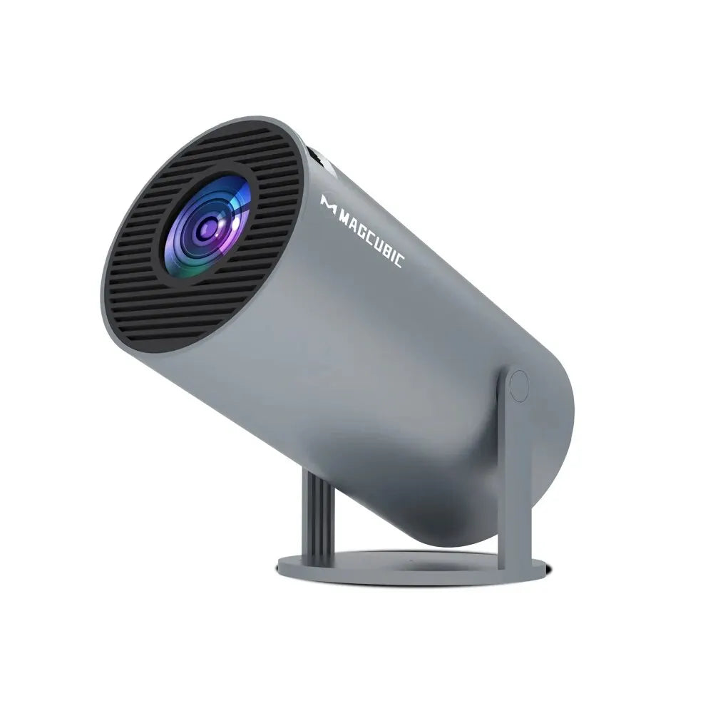 Magcubic HY300 Pro 4K Android projector displaying a vibrant home cinema scene with bright, sharp visuals and outdoor setup.