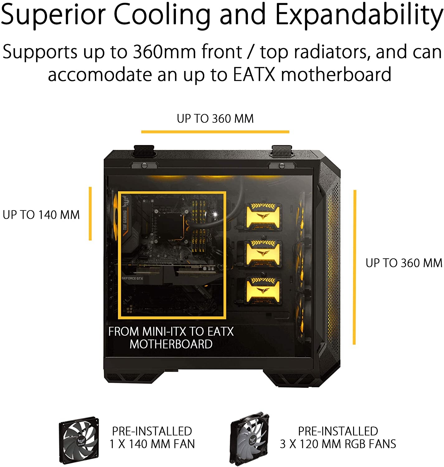 ASUS TUF Gaming GT501 mid-tower case with smoked tempered glass, steel construction, four pre-installed fans, and front USB 3.0 port
