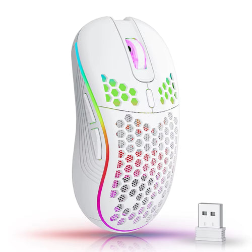 LeakEm Electronics 2.4G wireless gaming mouse with RGB backlit, 6 buttons, ergonomic honeycomb design, and Type C rechargeable port.