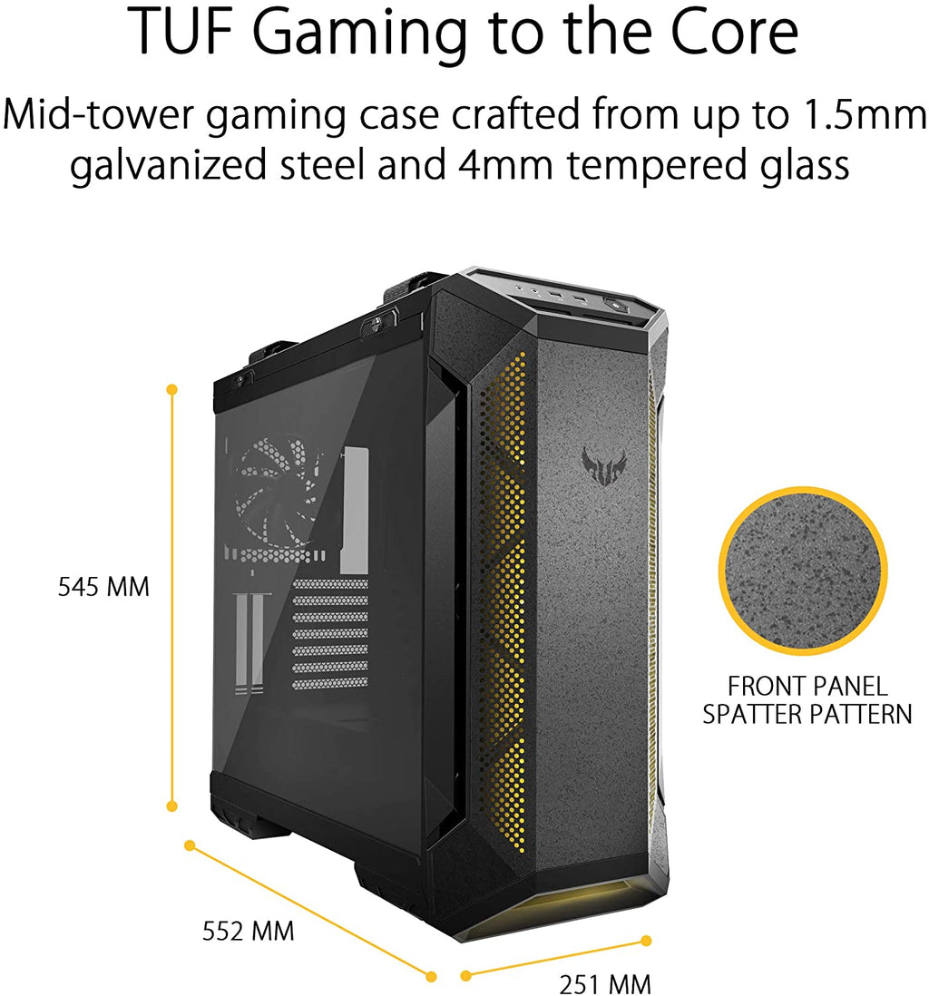 ASUS TUF Gaming GT501 mid-tower case with smoked tempered glass, steel build, four pre-installed fans, USB 3.0 port, and EATX support