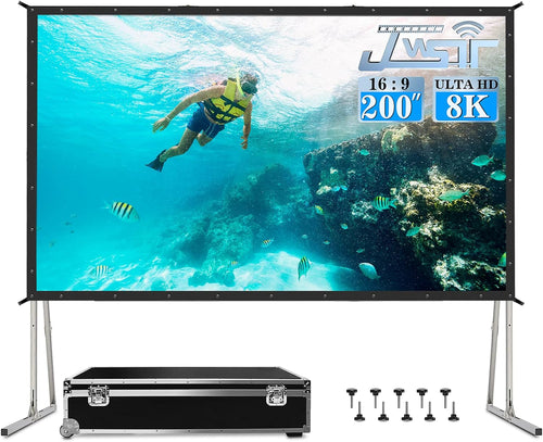 200-inch outdoor projector screen with stand and carrying bag, made of upgraded 3-layer PVC for large outdoor movie viewing.