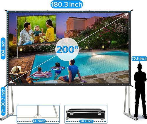 200-inch outdoor projector screen with stand, upgraded PVC material, 16:9 aspect ratio, portable with carrying bag for outdoor movies