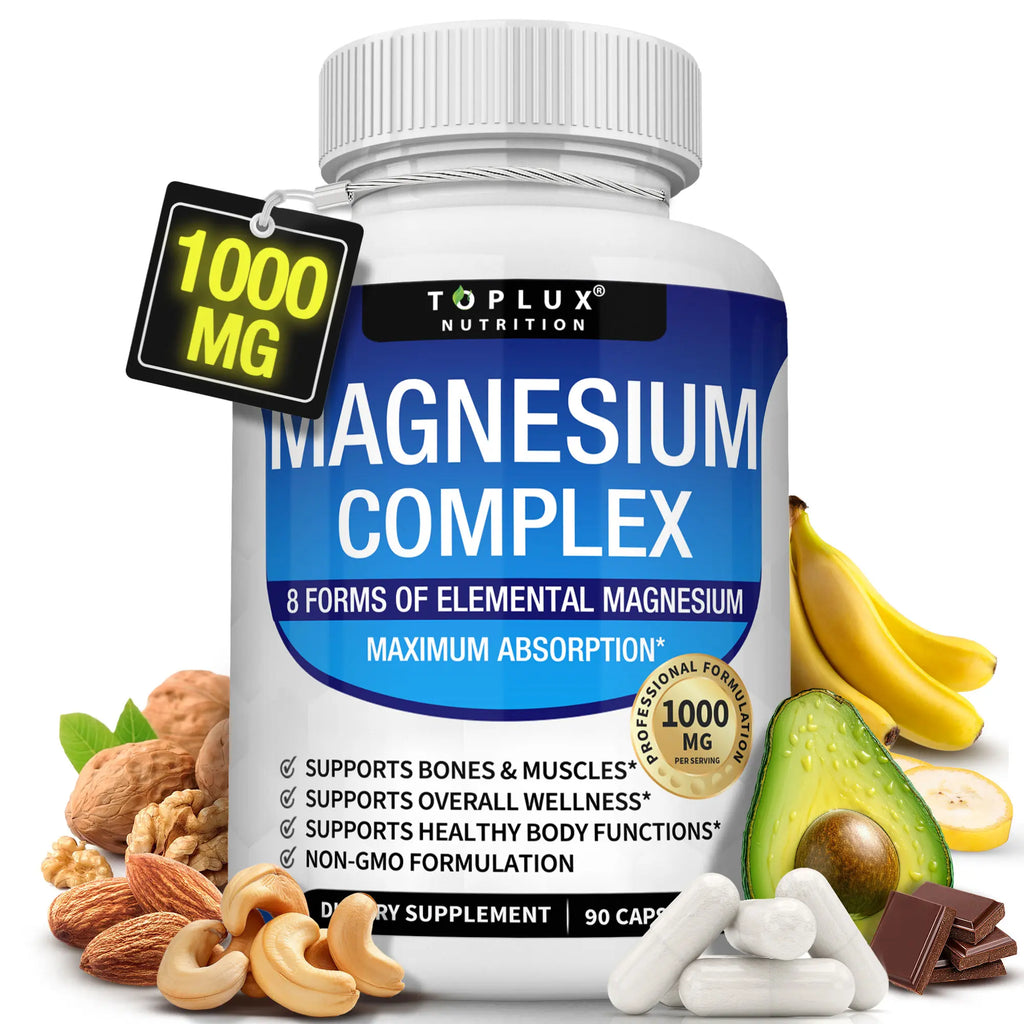 Toplux Magnesium Complex supplement bottle featuring 8 essential magnesium types, designed to support overall health.