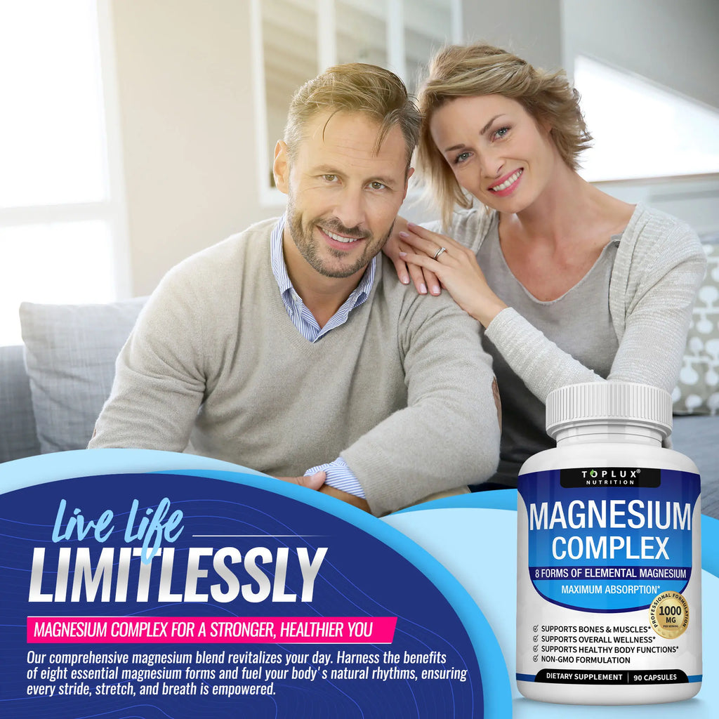 Toplux Magnesium Complex supplement by LeakEm Electronics showing a bottle of magnesium capsules on a white background.