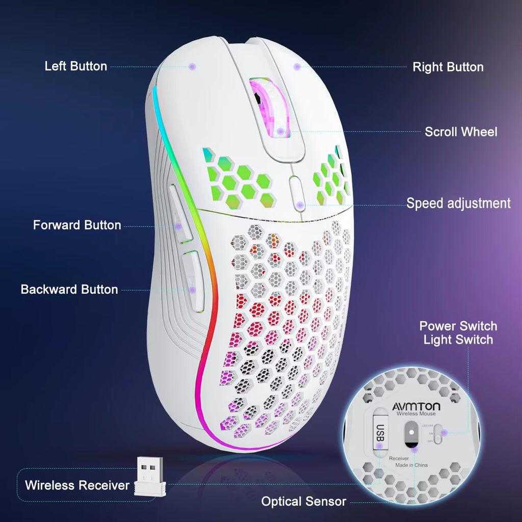 LeakEm Electronics 2.4G wireless gaming mouse with RGB backlit, 6 buttons, ergonomic honeycomb design, and Type C rechargeable port.