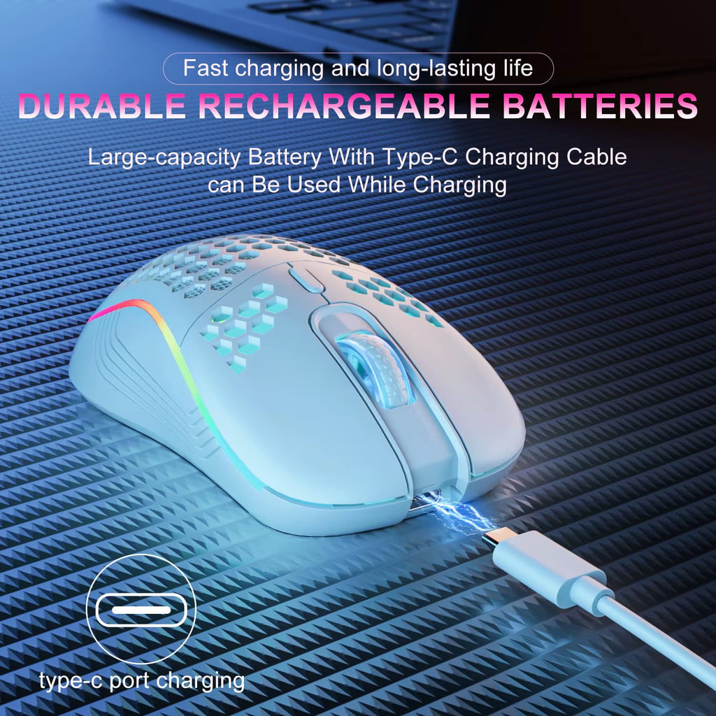 LeakEm Electronics 2.4G wireless gaming mouse with RGB backlit, ergonomic honeycomb design, 6 buttons, and adjustable DPI