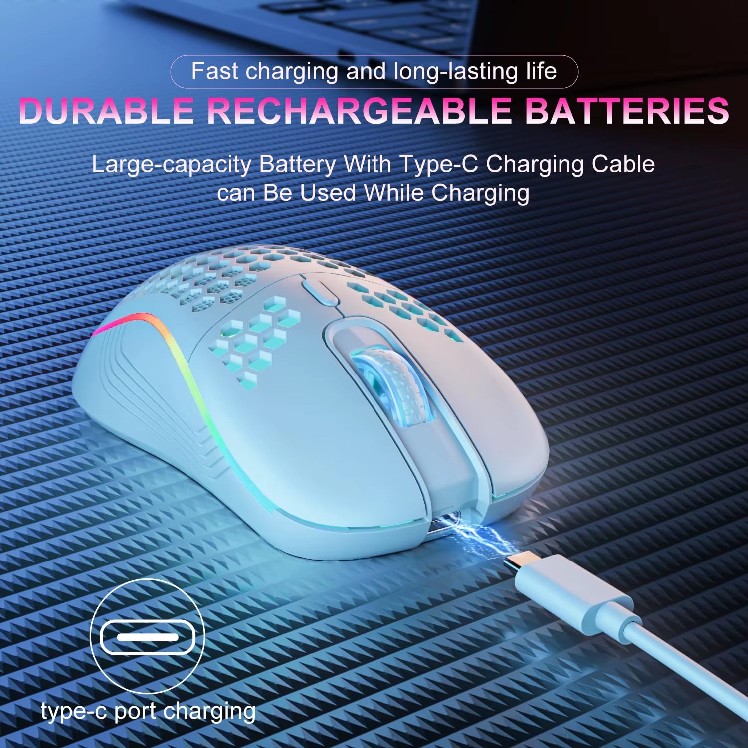 LeakEm Electronics 2.4G wireless gaming mouse with RGB backlit, ergonomic honeycomb design, 6 buttons, and adjustable DPI