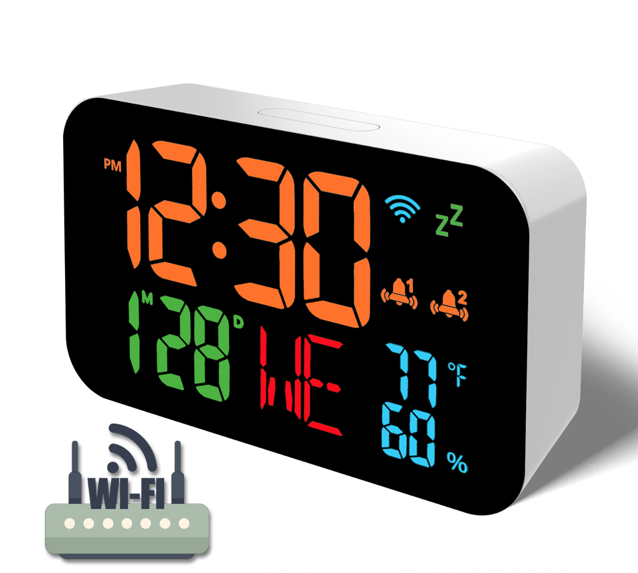 Dropshipman electronic temperature and humidity clock with alarm and automatic calibration display showing current readings and digital time.