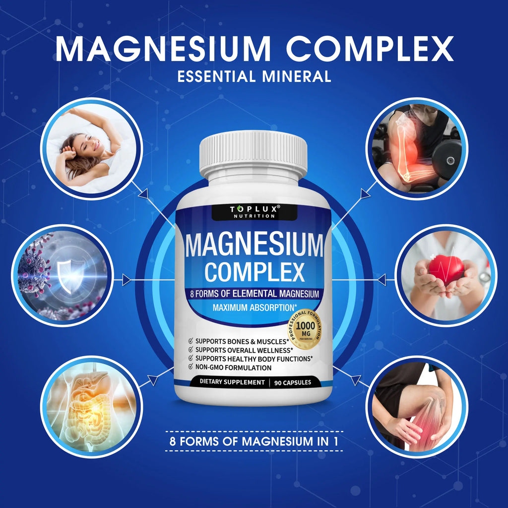 Toplux Magnesium Complex supplement bottle by LeakEm Electronics, showing the label with product details and capsule images.