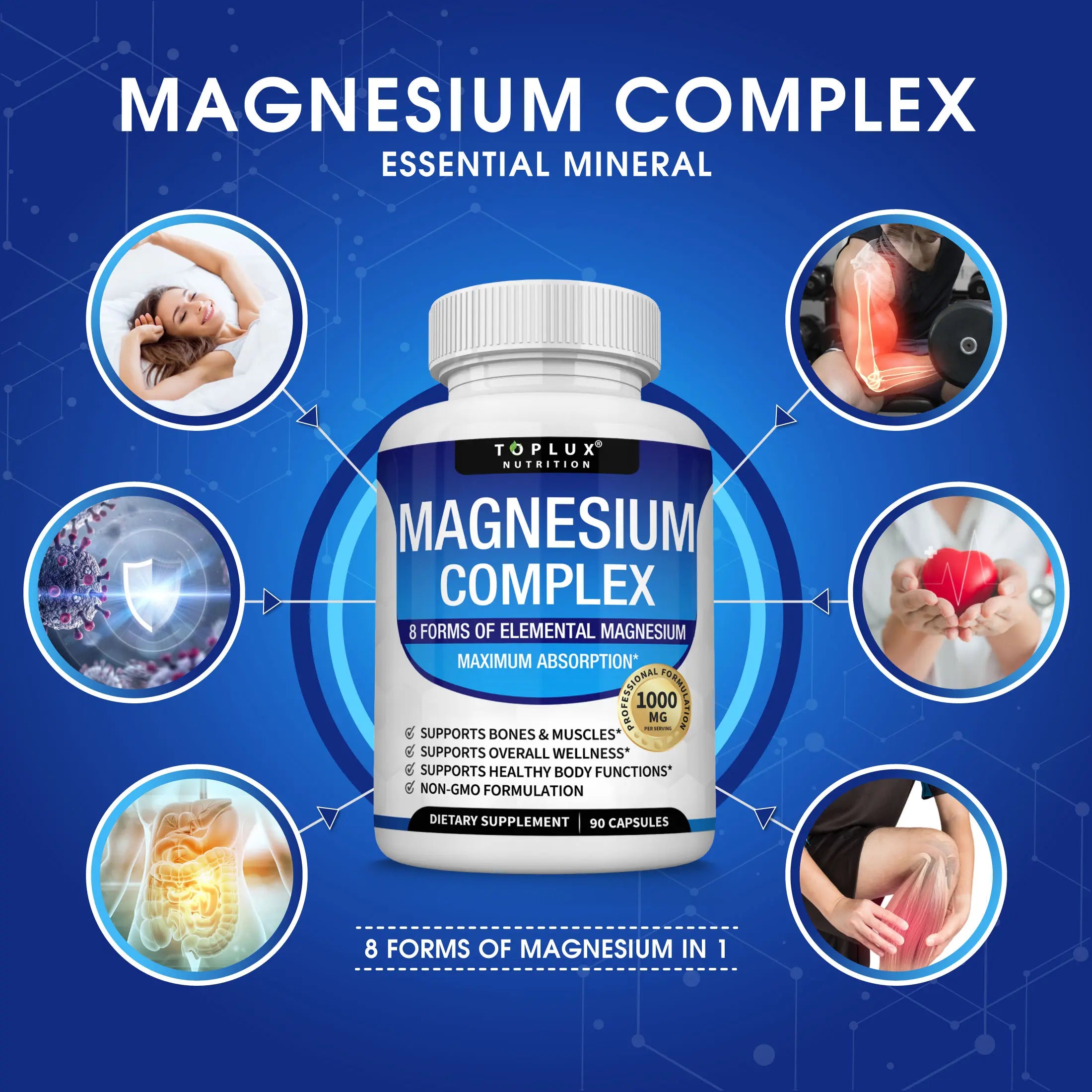 Toplux Magnesium Complex supplement bottle by LeakEm Electronics, showing the label with product details and capsule images.