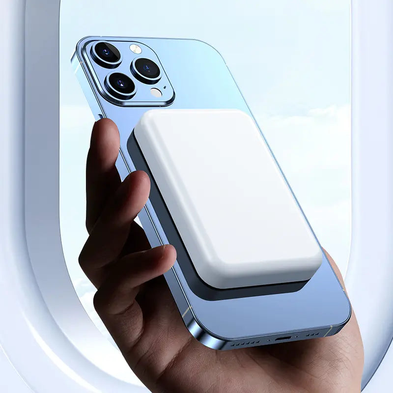 LeakEm Electronics 5000mAh magnetic wireless power bank for iPhone 12-17 series, portable charger with MagSafe compatibility.