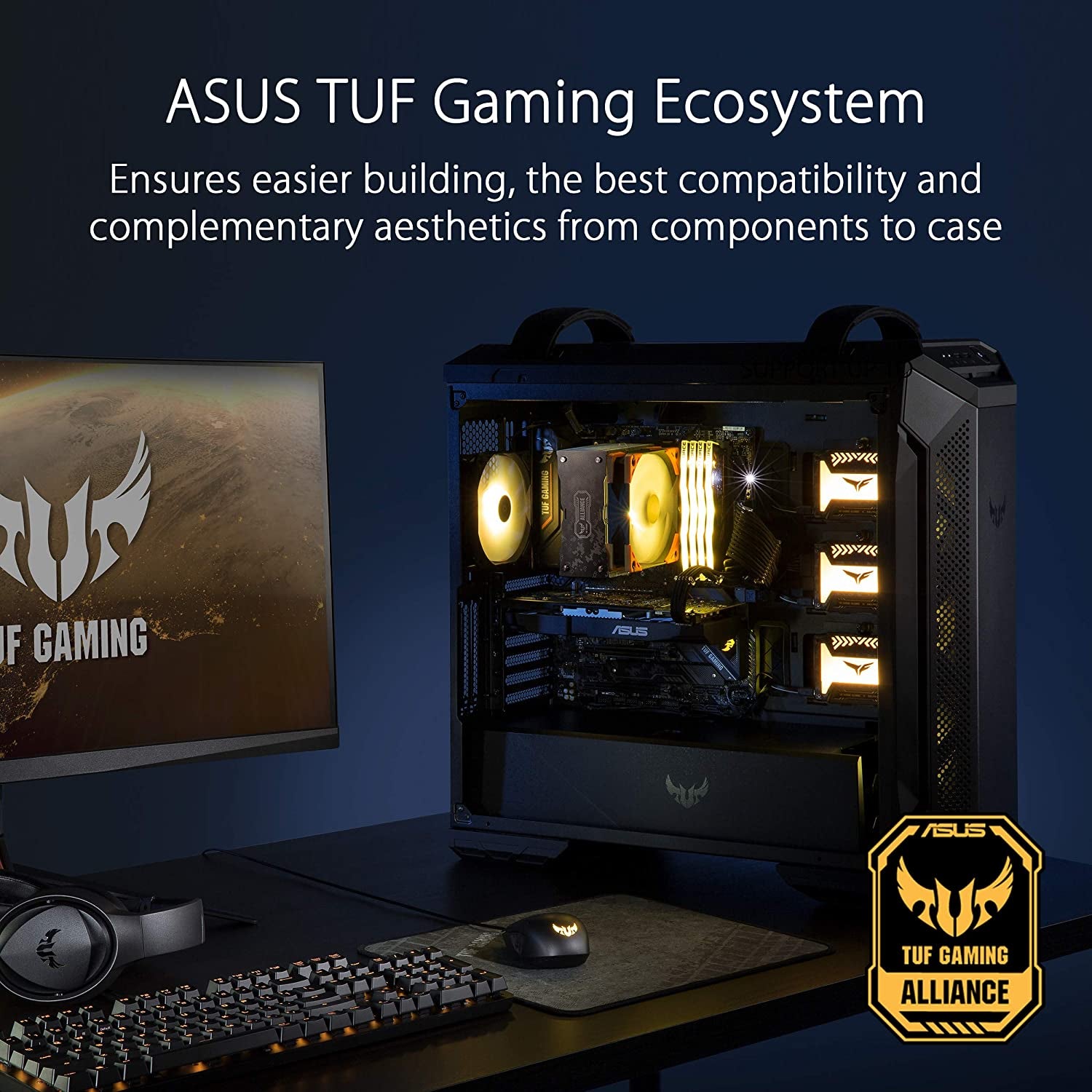 ASUS TUF Gaming GT501 mid-tower gaming case with smoked tempered glass, steel construction, four pre-installed fans, USB 3.0 front panel